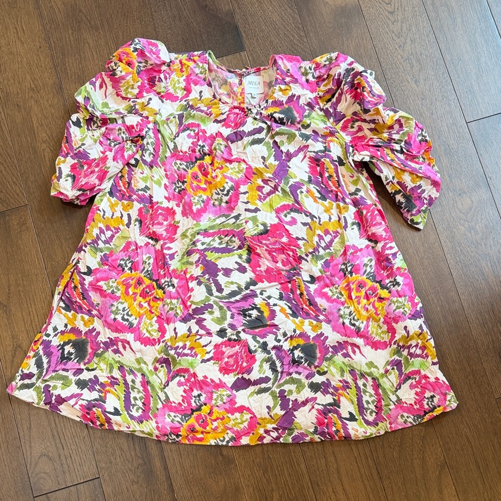 MISA Los Angeles Pink Floral Ikat Puff Sleeve Mini Shift Dress Womens Size M c11 - Picture 2 of 7